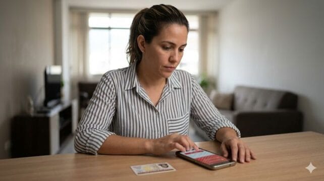 Venezolana en su casa registrándose en BDV en línea con su cédula para abrir cuenta digital.