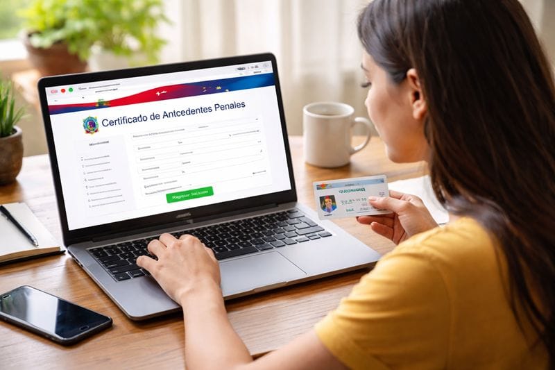 Mujer usando laptop para solicitar antecedentes penales en línea mientras sostiene su cédula de identidad en casa