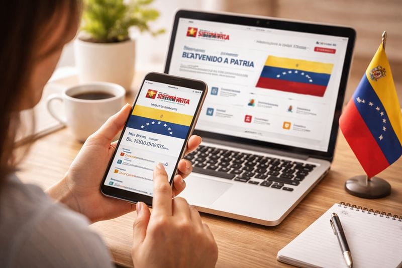 Persona consultando bonos del Sistema Patria desde el celular mientras utiliza una laptop en una mesa de trabajo, con una bandera de Venezuela al lado en un entorno doméstico bien iluminado.