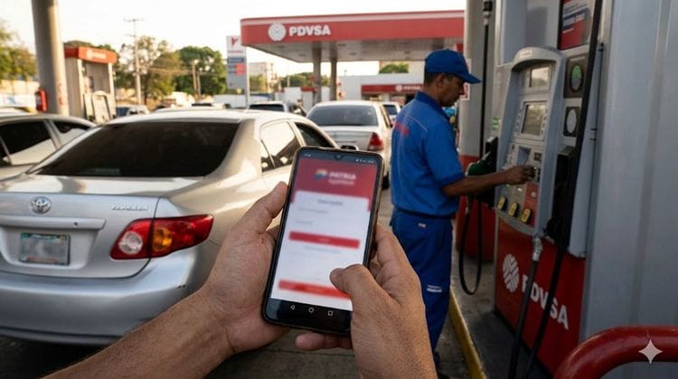 Conductora consultando el cupo de Gasolina Subsidiada Patria desde su celular en una estación de servicio PDVSA.