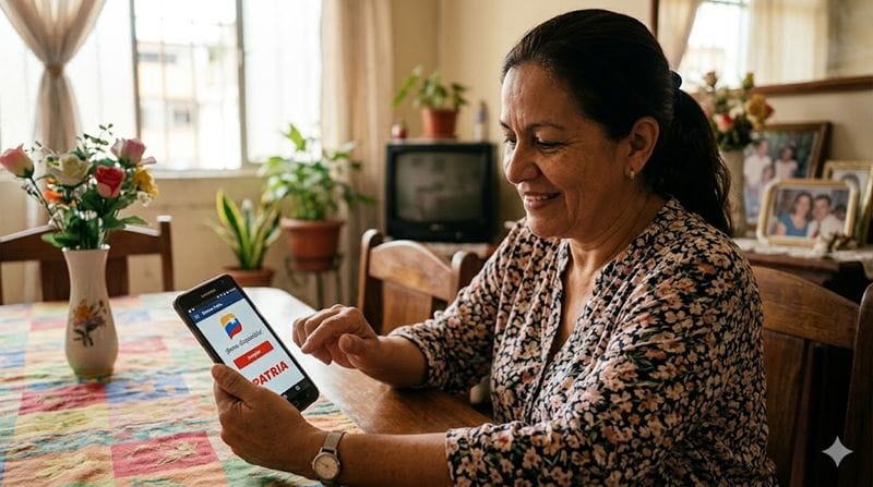 Una mujer venezolana está sentada en una mesa de madera en su hogar, concentrada en su smartphone. El teléfono muestra la interfaz real de la aplicación Patria, con la notificación de "¡Bono disponible!" y el botón resaltado de "Aceptar".