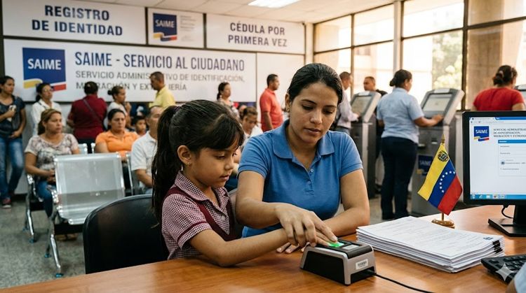 Trámite de cédula venezolana por primera vez en oficina del SAIME, proceso de huellas dactilares y verificación de identidad.