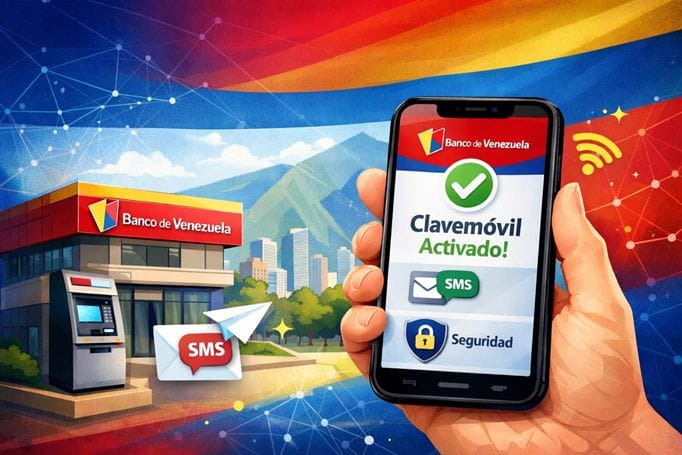 Teléfono móvil con aplicación bancaria activada, confirmación de seguridad y notificación por SMS.