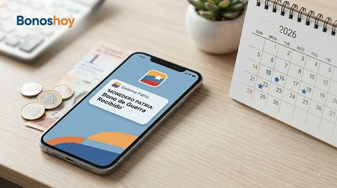 Smartphone mostrando notificación de Bono de Guerra Económica recibido en Plataforma Patria junto a un calendario de abril y monedas venezolanas