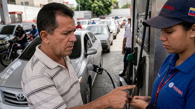 Homem tentando pagar gasolina no sistema Biopago em posto de serviço na Venezuela.