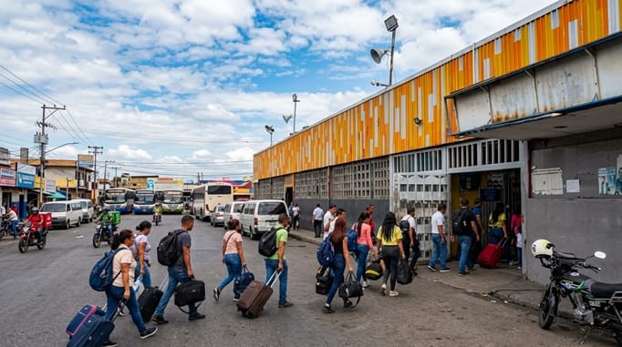 Vista externa do Terminal Big Low Center em Valencia, Venezuela, mostrando a fachada com faixa laranja e amarela, passageiros circulando com bagagens na área frontal do terminal rodoviário
